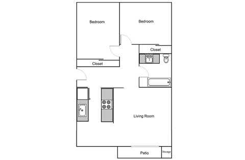 Floor plan for 2 beds, 1 bath, 855 sqft
